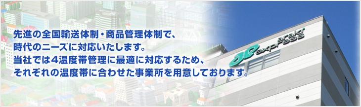 先進の全国輸送体制・商品管理体制で、時代のニーズに対応いたします。<br>当社では4温度帯管理に最適に対応するため、それぞれの温度帯に合わせた事業所を用意しております。